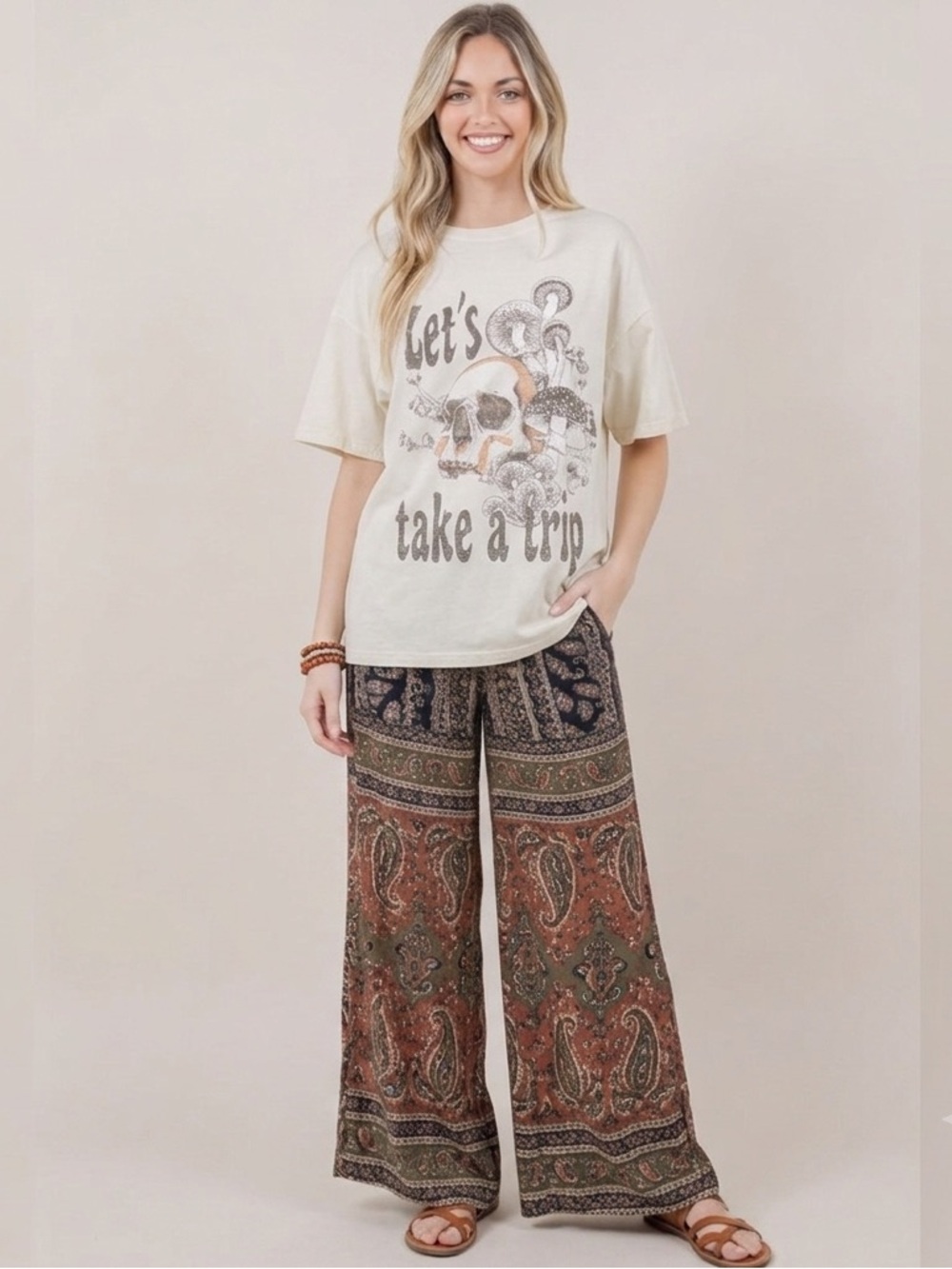 Cream Lets take a trip Graphic Skeleton Tshirt